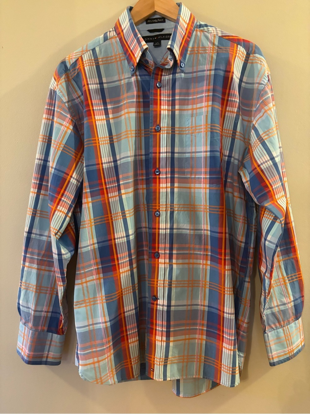 Tommy Hilfiger Plaid Button Down Blue Orange Long Sleeve shirt, men’s Sz L